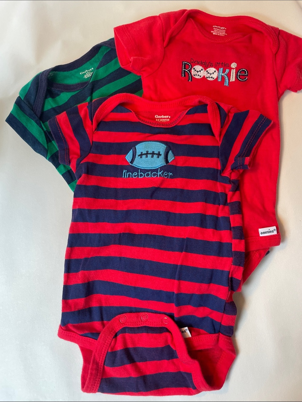 Gerber Red, Navy & Green Baby One-Piece Bodysuits - Football & Rookie Designs